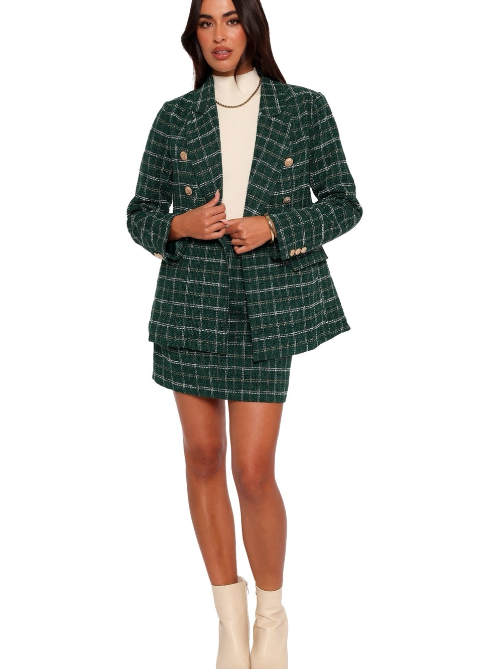 Petal & Pup Green Plaid Double-Breasted Tweed Blazer